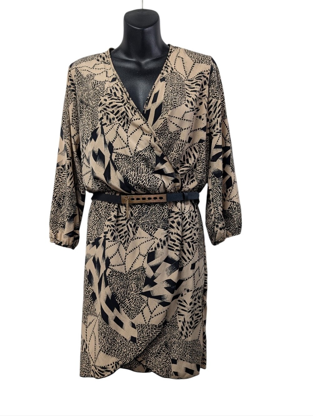 Double Zero Geometric Print Wrap Dress Size M Black Beige 3/4 Sleeve Belted NWT